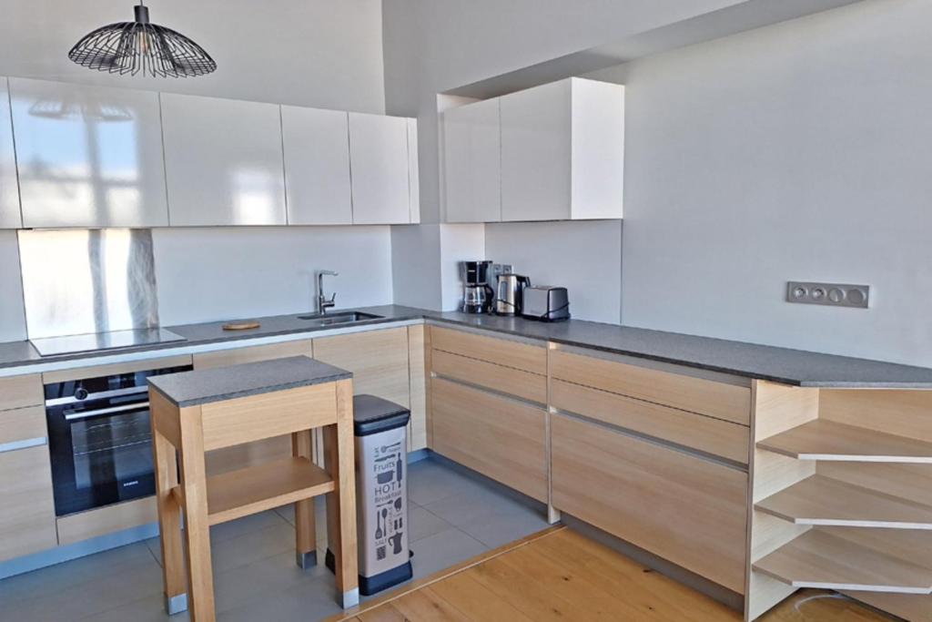 Cuisine équipée avec four, plaques et plan de travail en longueur